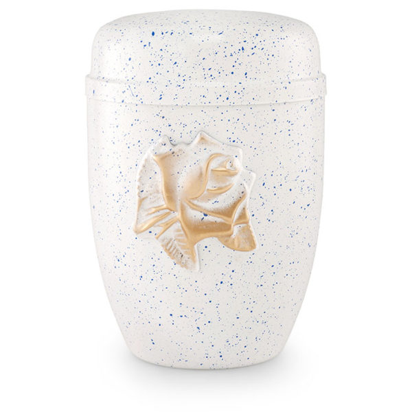 Stalen urn, wit/blauw belegd met roos versiering (5442wb)