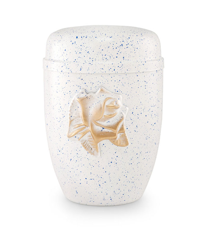 Stalen urn, wit/blauw belegd met roos versiering (5442wb)