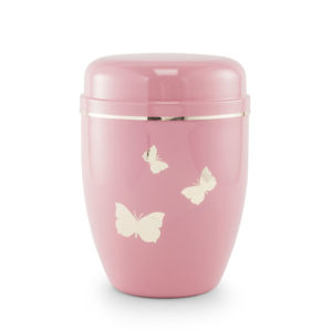 Stalen urn, roze met vlinders (560411s)