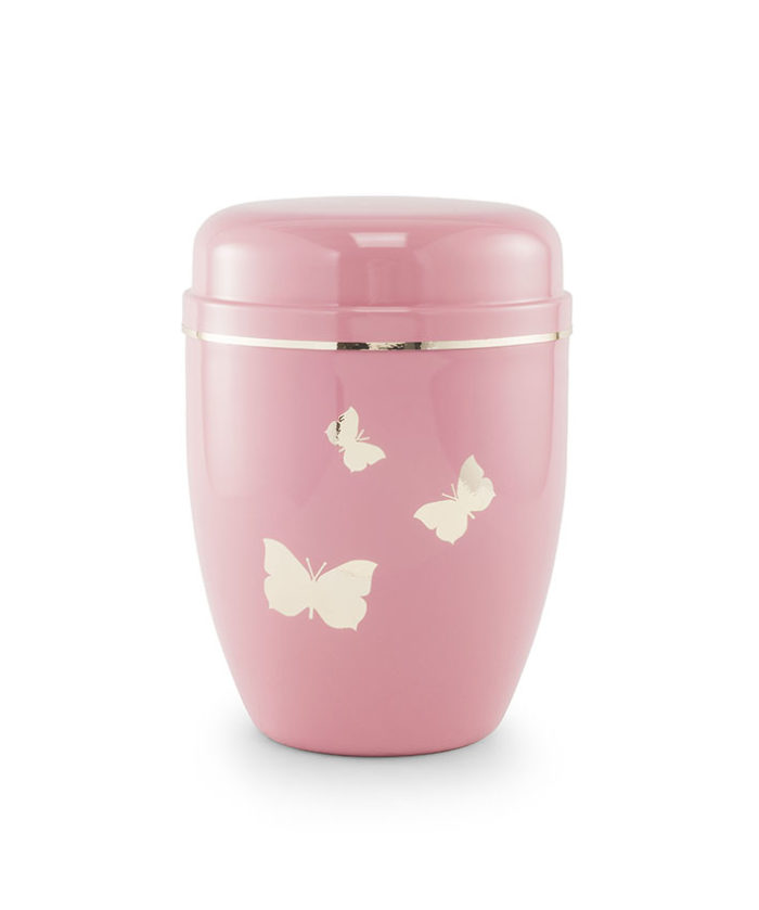 Stalen urn, roze met vlinders (560411s)